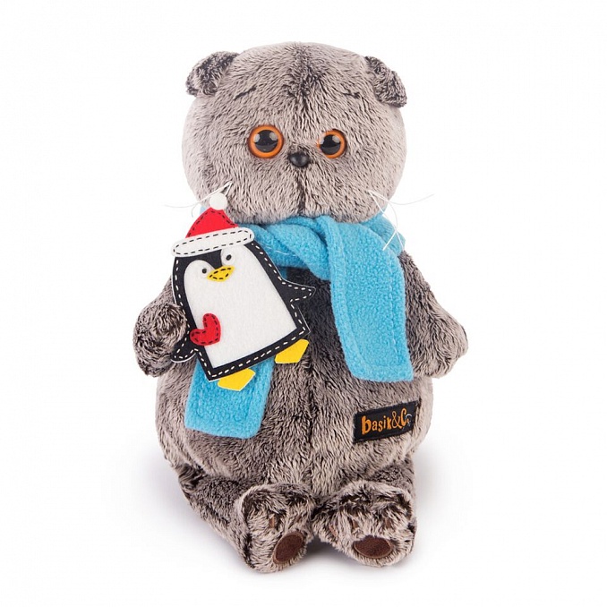 Игрушка мягкая Кот Басик в шарфике и с пингвином (25 см)